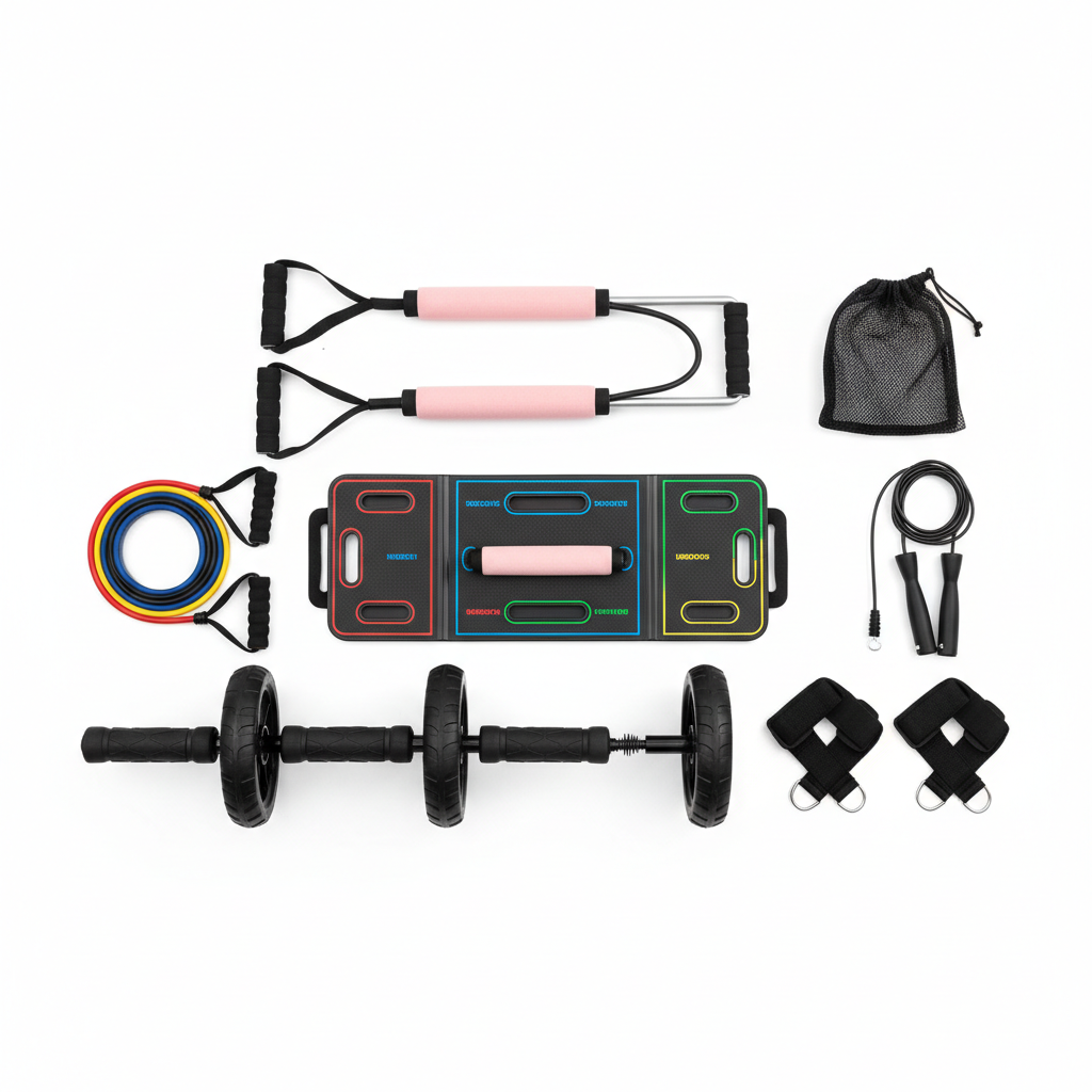 15-piece home gym equipment set flat lay on white background including push-up board, resistance bands and accessories