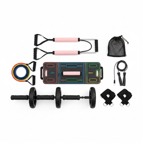 15-piece home gym equipment set flat lay on white background including push-up board, resistance bands and accessories