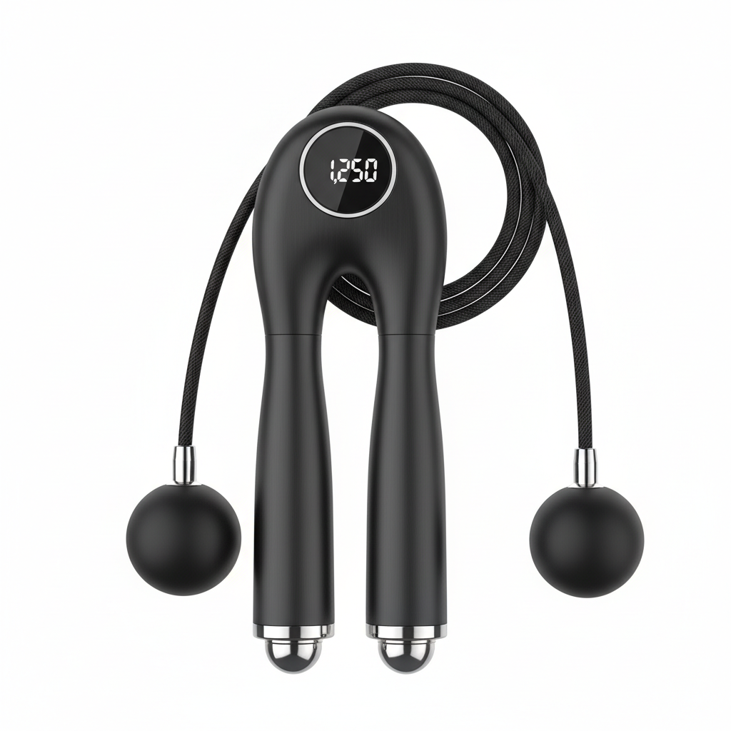 Smart Bluetooth jump rope with counter and weighted ball bearings on white background