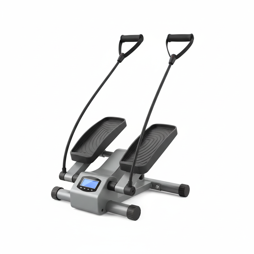 Grey mini stair stepper with resistance bands and LCD display on white background