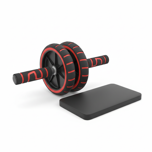 Black and red ab roller wheel with kneeling pad on white background