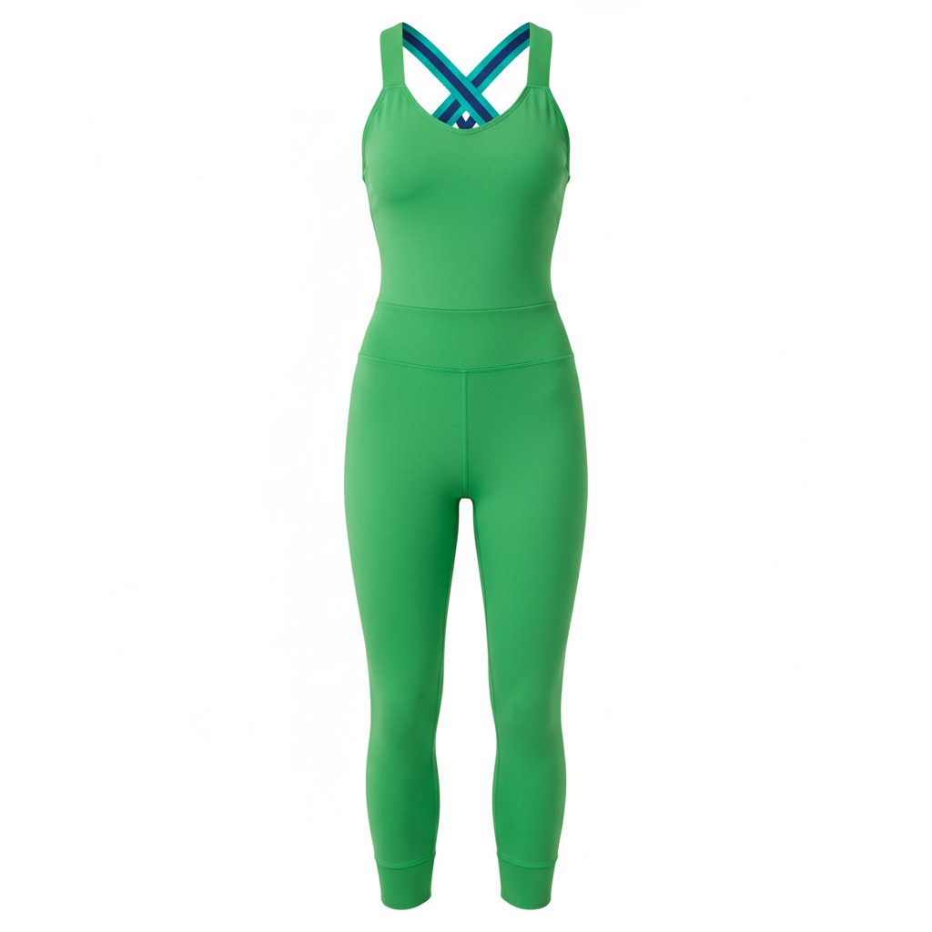 Women's green yoga fitness jumpsuit with strappy back on white background