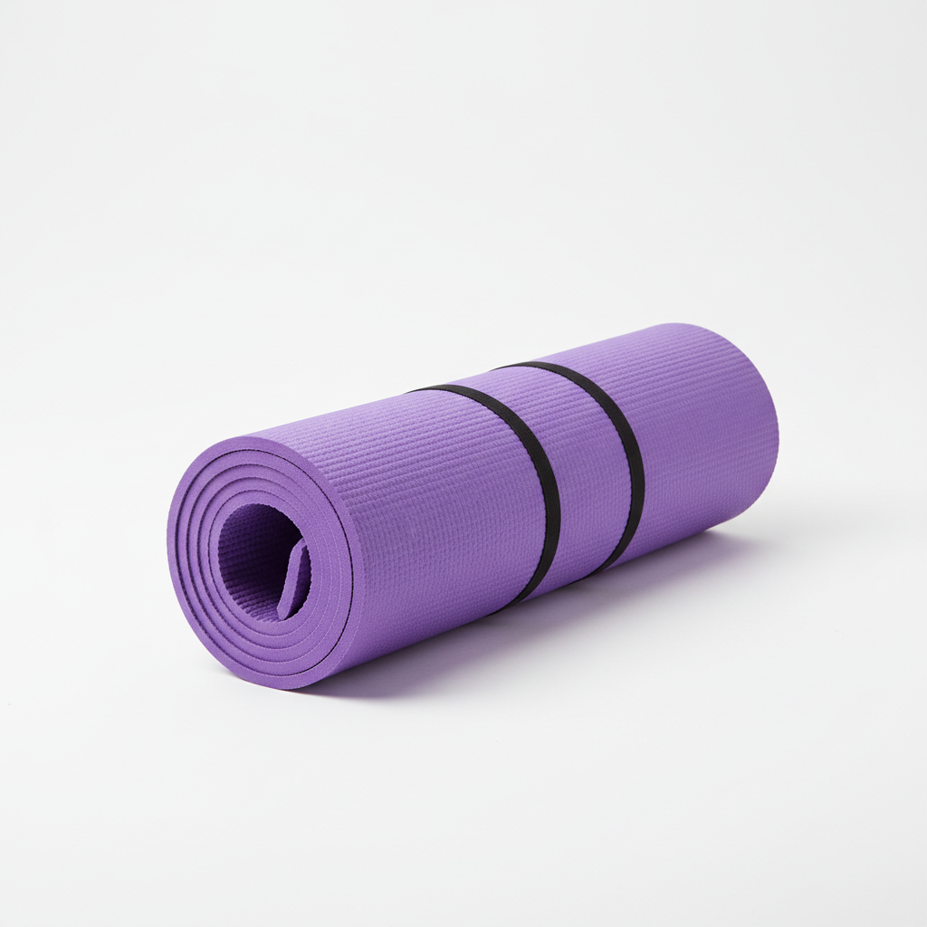Rolled purple EVA yoga mat on white background