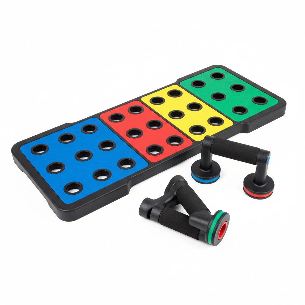 Colour-coded push-up board with blue, red, yellow and green sections on white background