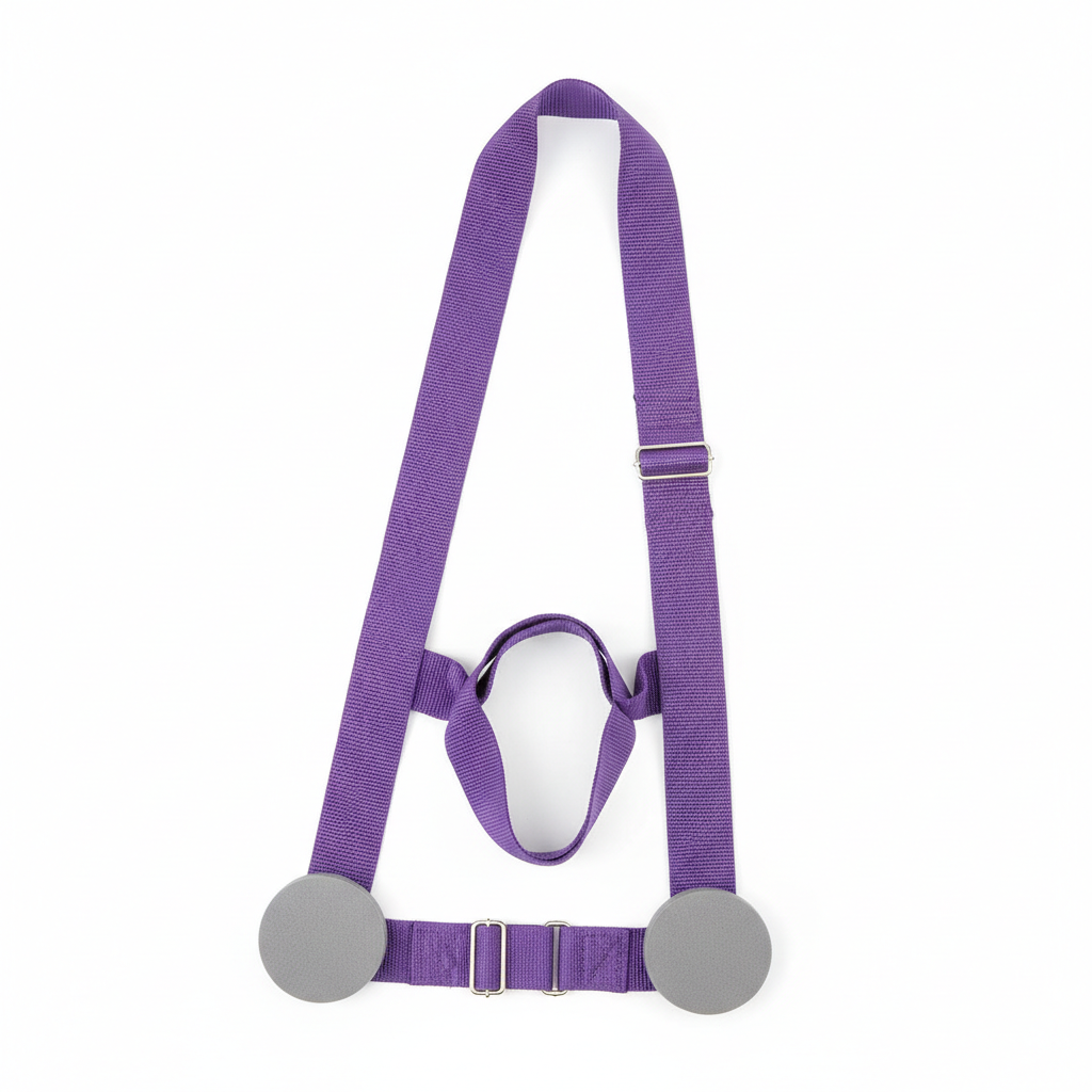 Purple yoga door stretch strap with foam wheel anchors on white background