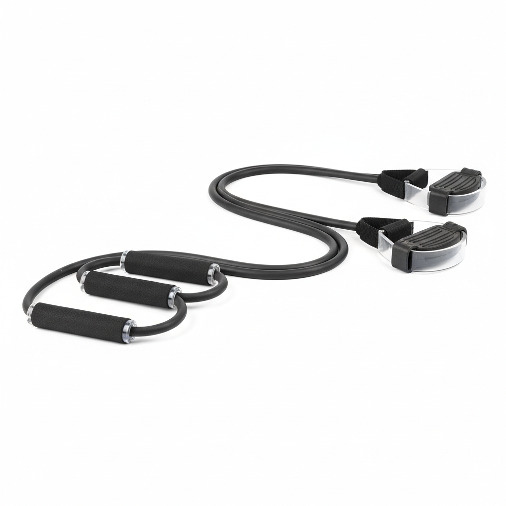 Resistance bands set with foot pedals and foam handles on white background