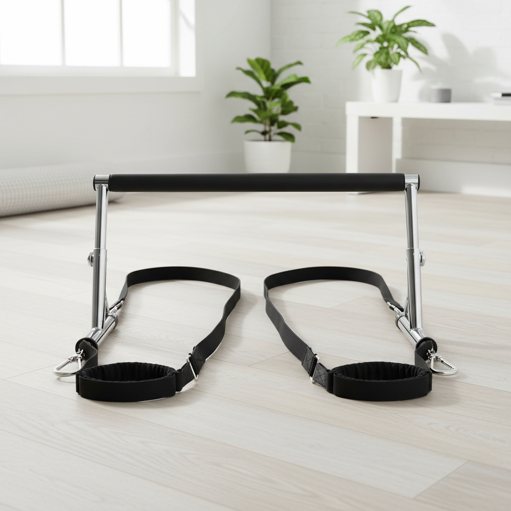 Pilates resistance bar with elastic bands on a light wood gym floor