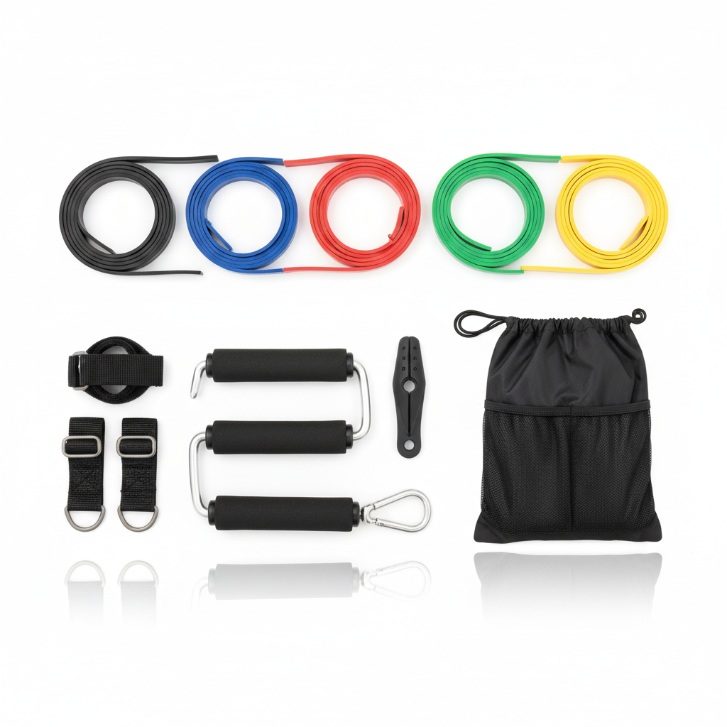 Complete resistance band set with colour-coded bands, handles, ankle straps and carry bag on white background