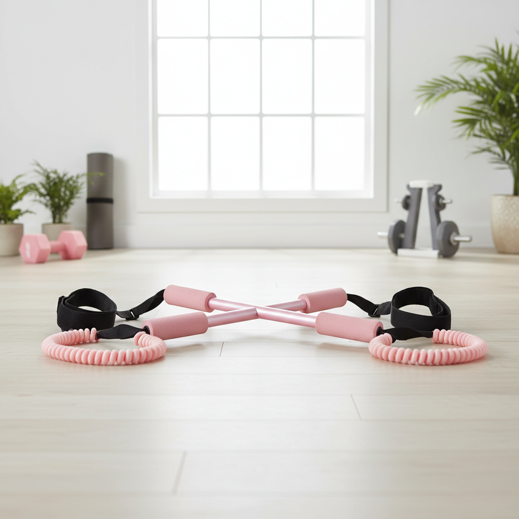 Pink pilates bar with foot pedal resistance bands on a light wood floor