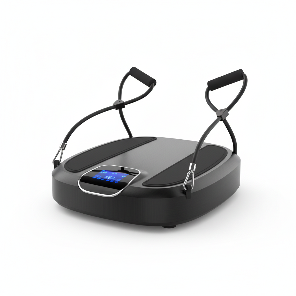 Black whole body vibration exercise machine with resistance bands on white background
